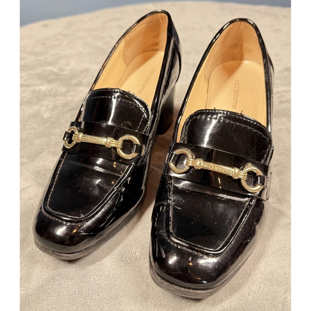 Liz Claiborne Shoes Womens Size 8 Black Patent Block Heel Loafer Pumps Dress